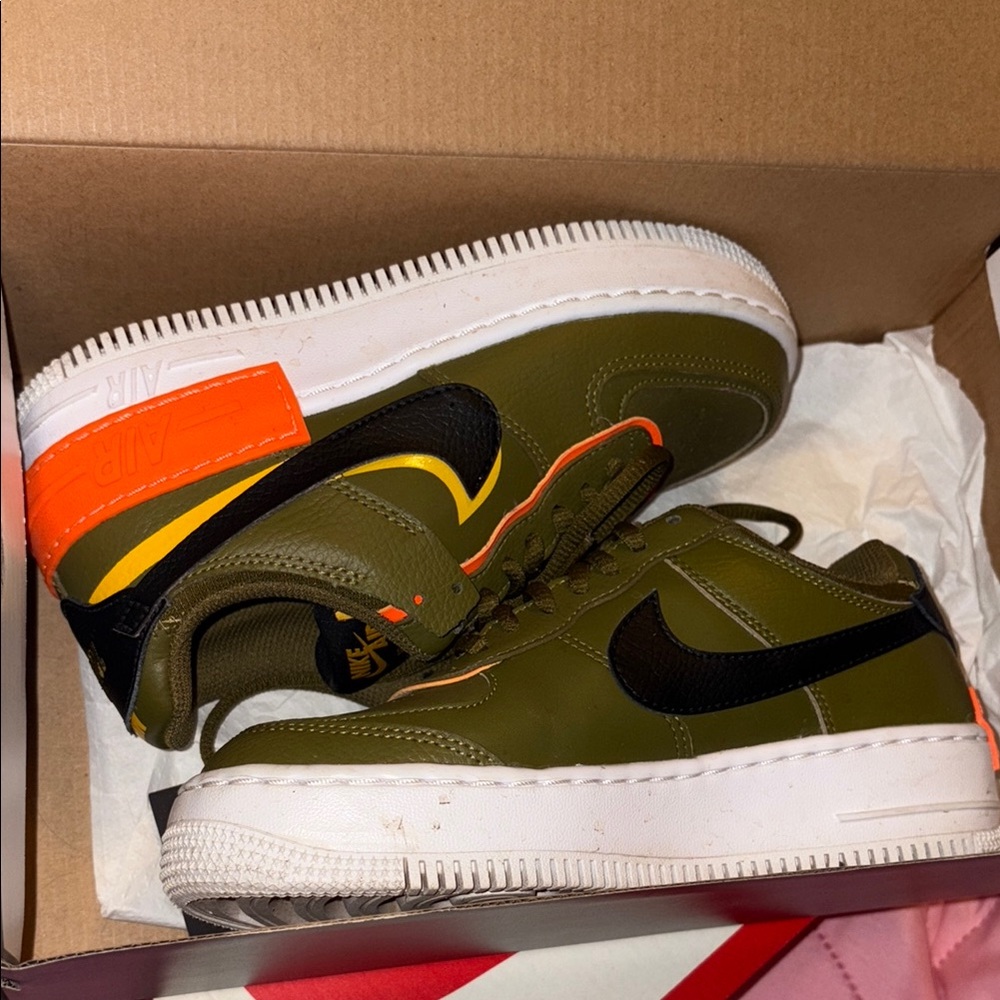 Olive Green and Black Sneakers with Orange Accents